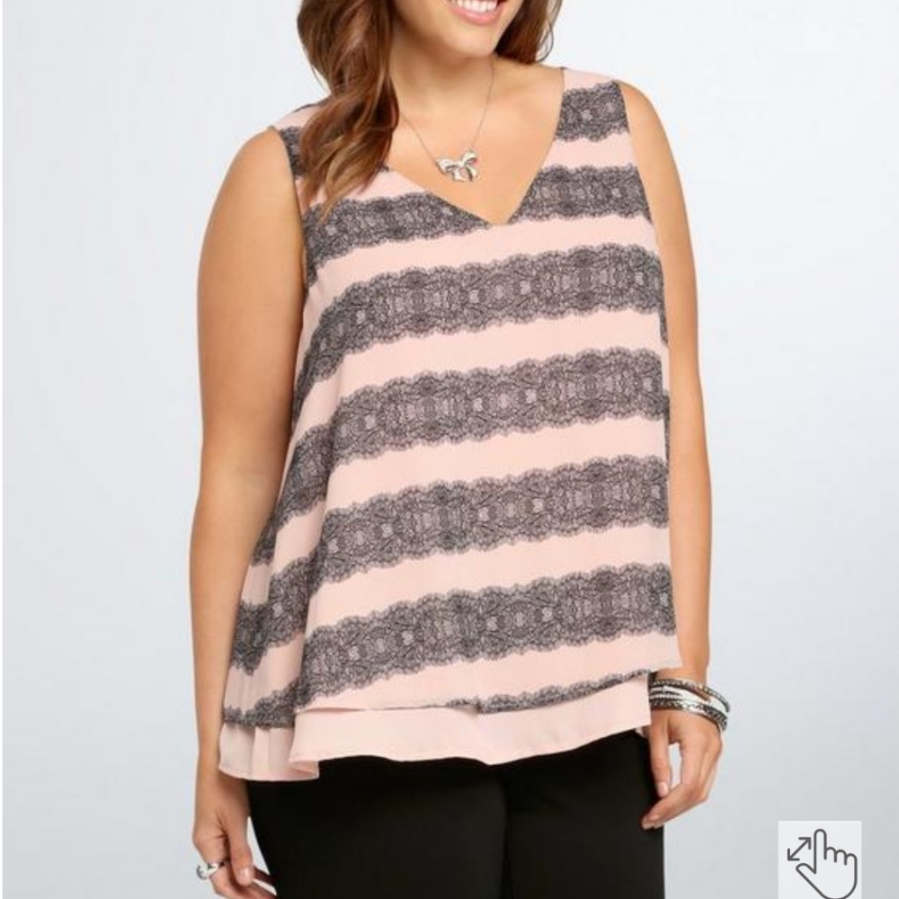 Plus Size 3X Torrid Pink Black Lace Print Layered Tank Top dressy shiry